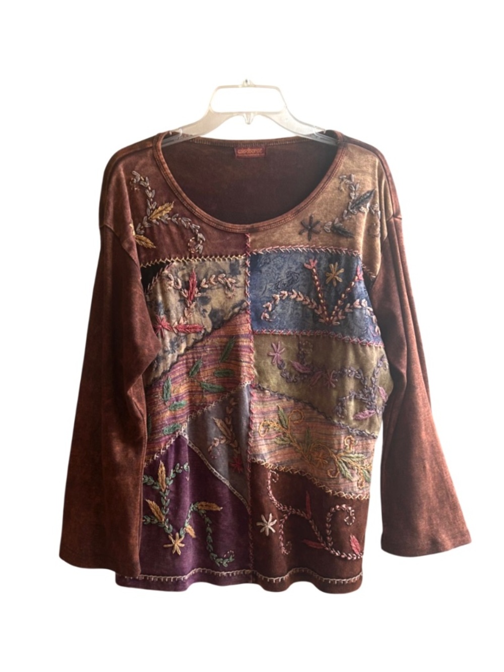 Vintage Windhorse Boho Patchwork Embroidered Long Sleeve Wearable Art Top